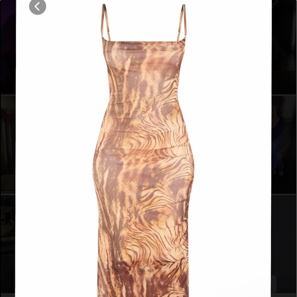 Brown Printed Mesh Ruched Maxi Dress - Picture 1 of 7